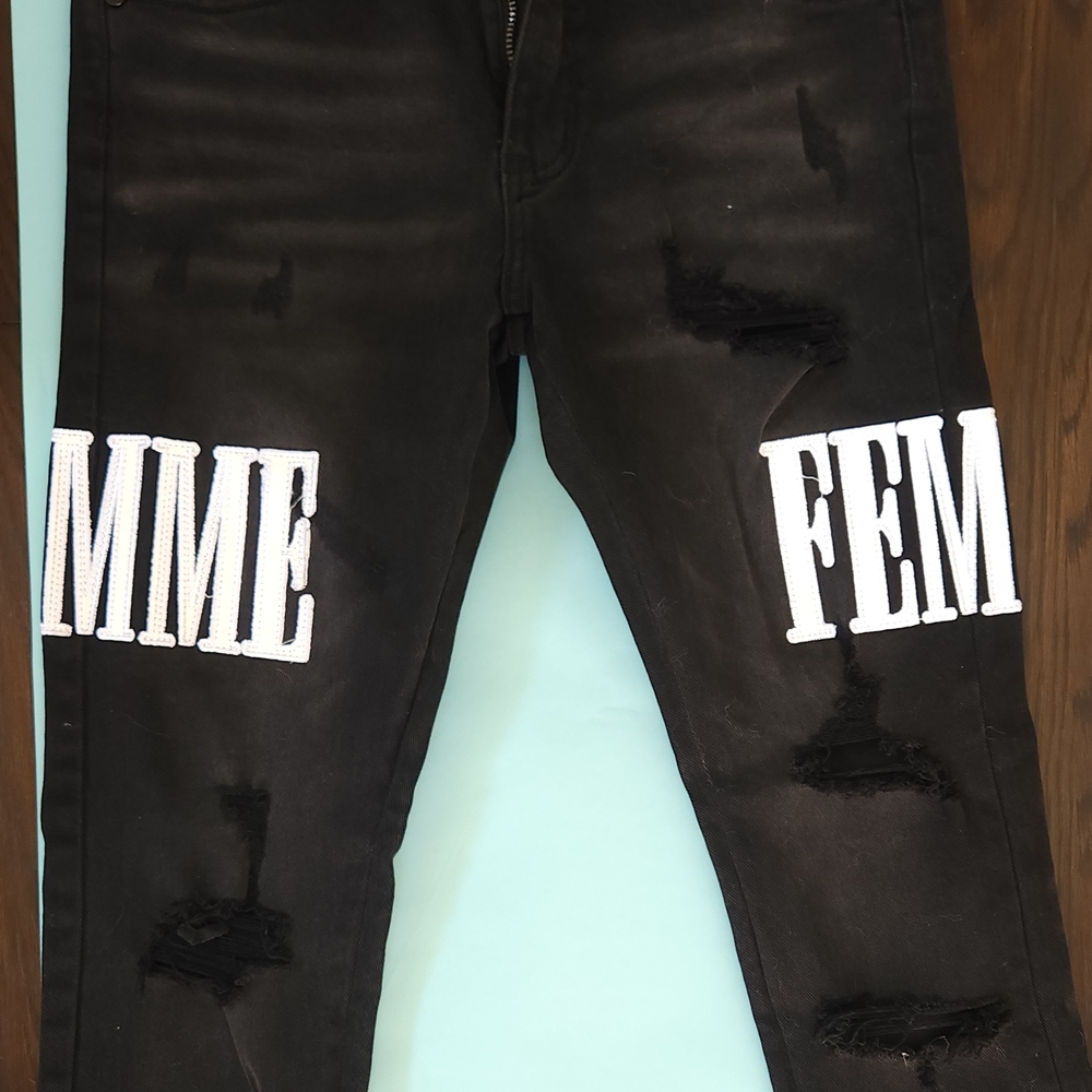 HOMME FEMME LA Black Distressed Jeans with White Lettering